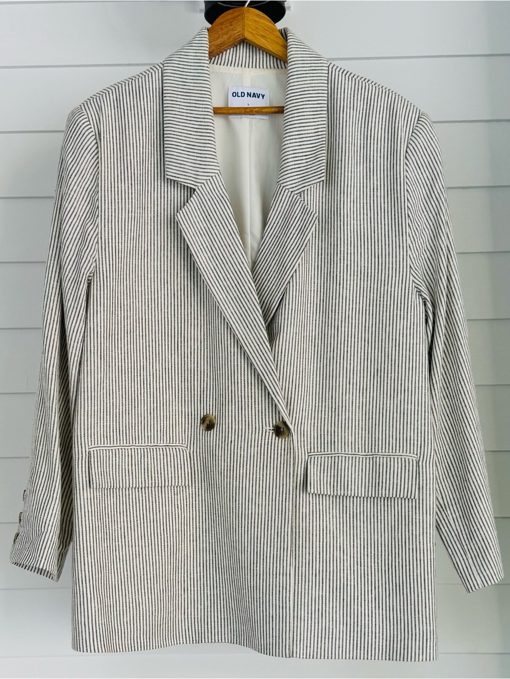 Old Navy Linen Blend White and Black Pinstripe Double-Breasted Blazer